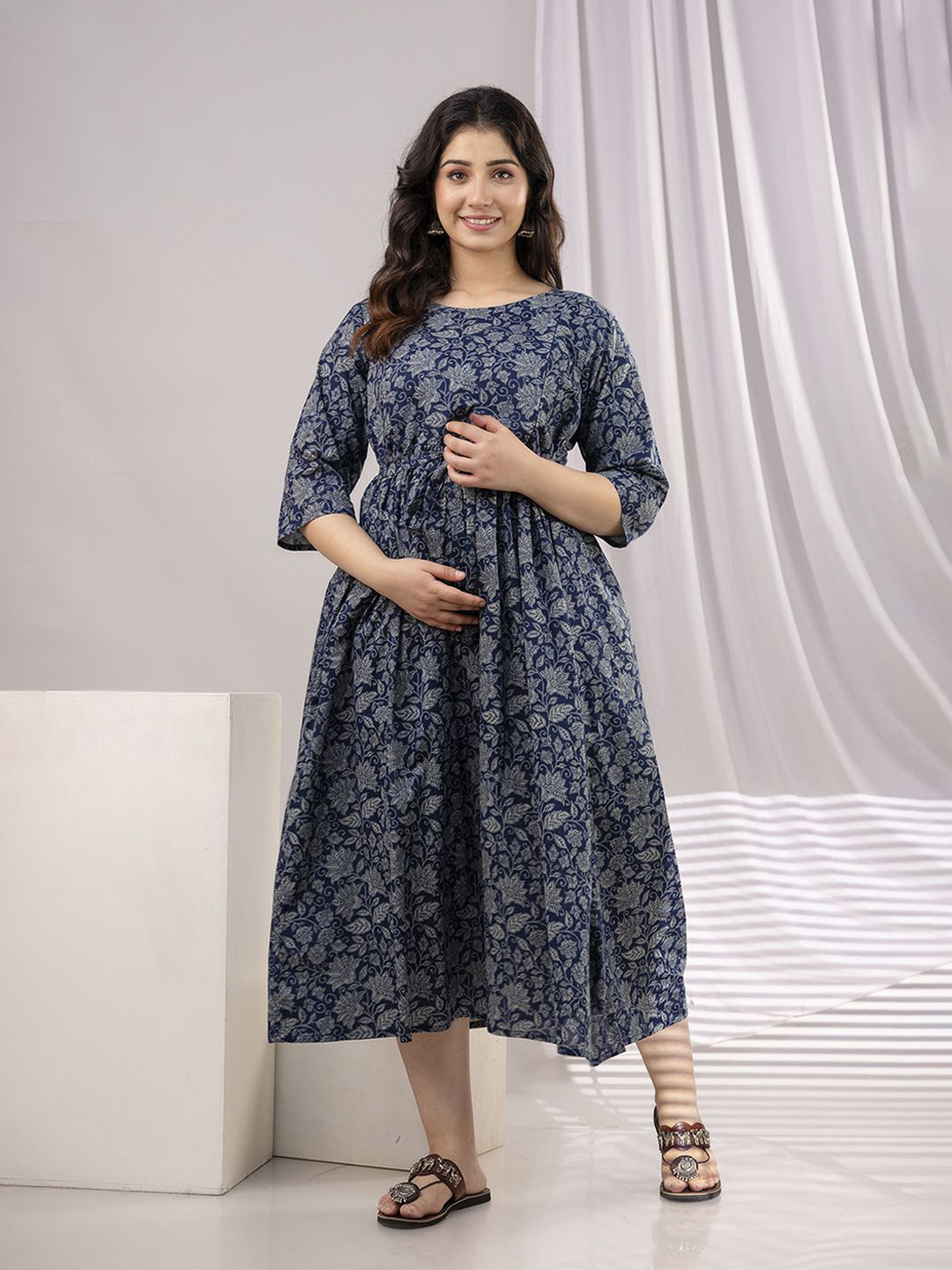 Ofably Flower with Animal Print Maternity Maxi Button Feeding -Cream (OFMX010) main image 1