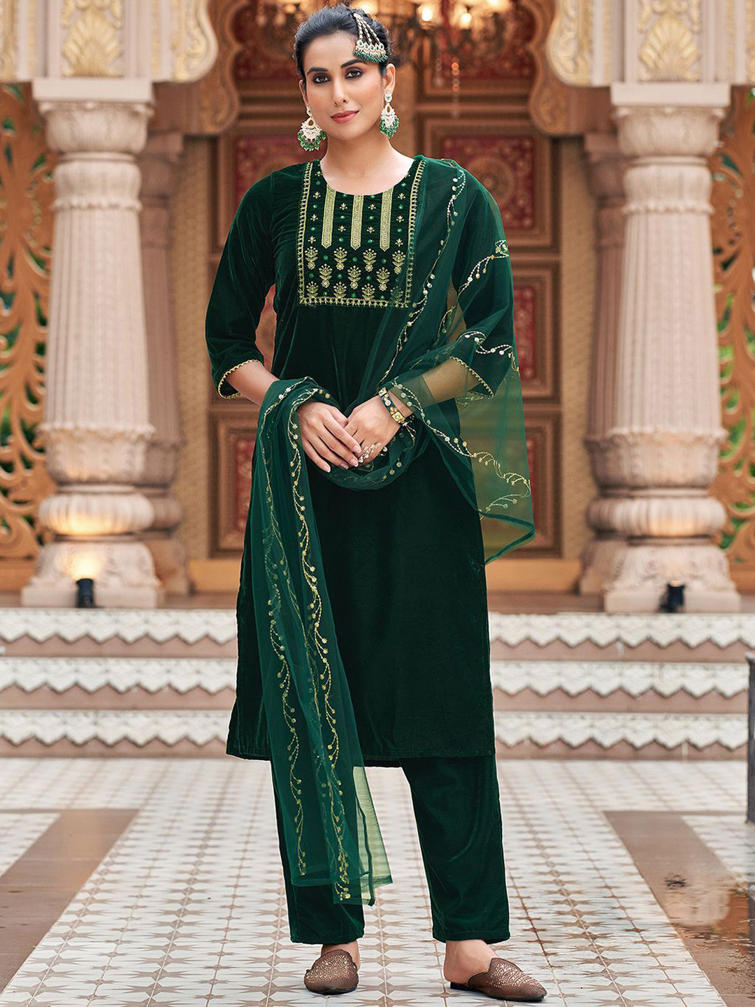 Aastha Fashion Women's Green Velvet Cording with Resham Thread & Sequin Kurta with Trouser & Dupatta