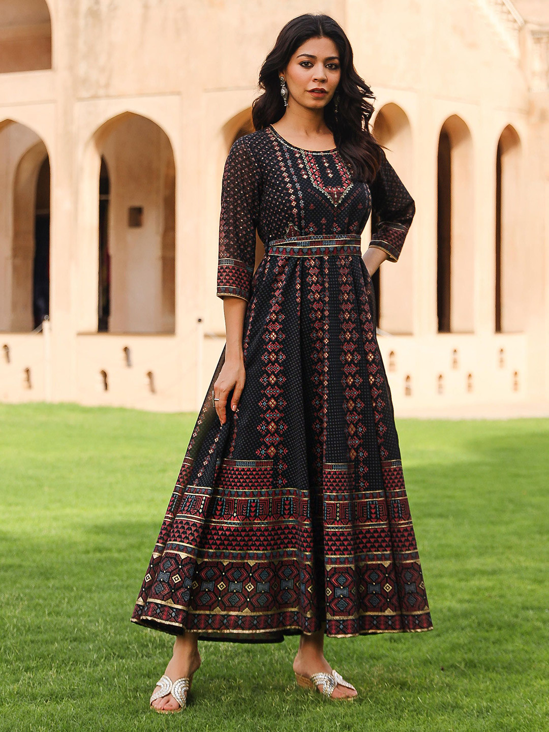 Women Embroidered Satin Fit & Flare Maxi Ethnic Dresses