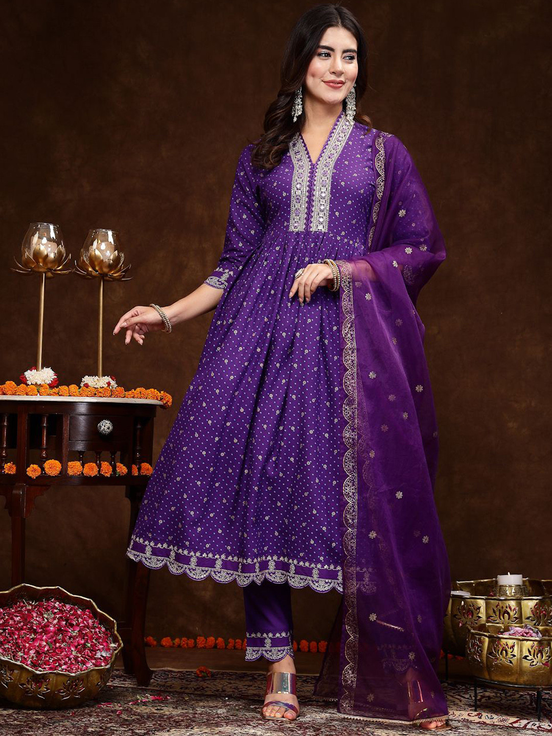 Women Purple Gold Print  Anarkali Kurta With Viscose Leggings & Net Dupatta