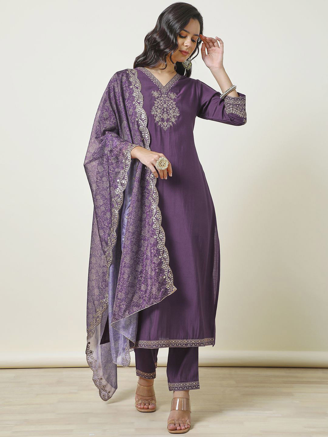 Women Purple Embroidered Straight Kurta Trouser With Dupatta Set