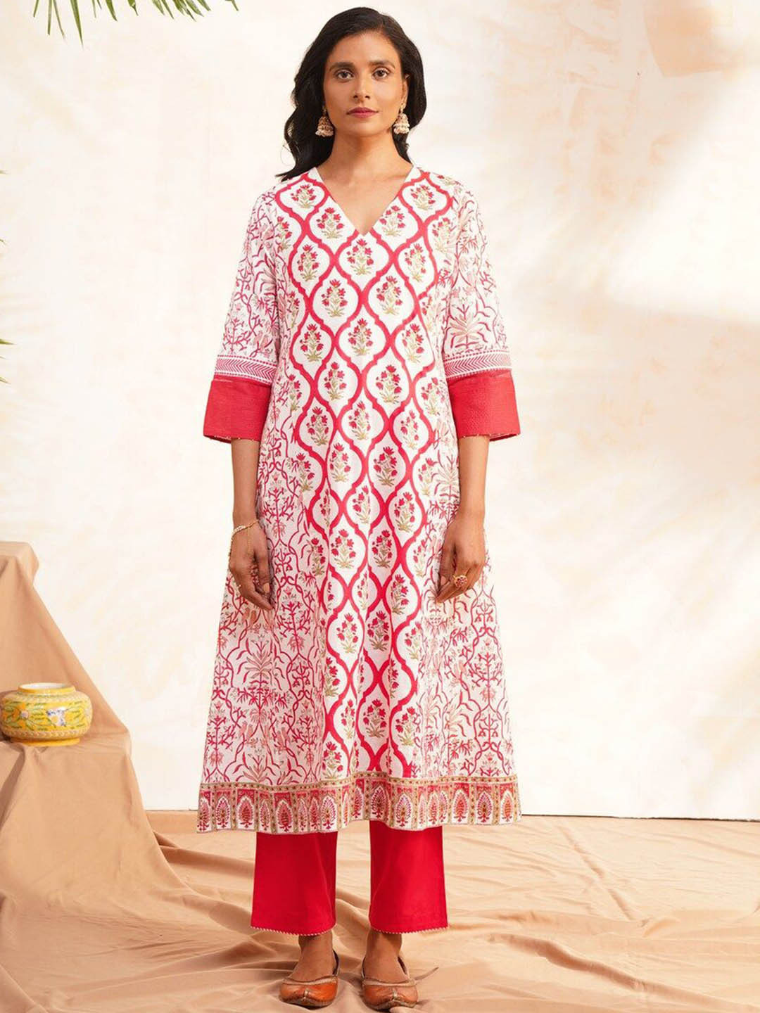 Women Grey Calf Length Three-Quarter Sleeves A-Line Ethnic Motifs Printed Cotton Kurta