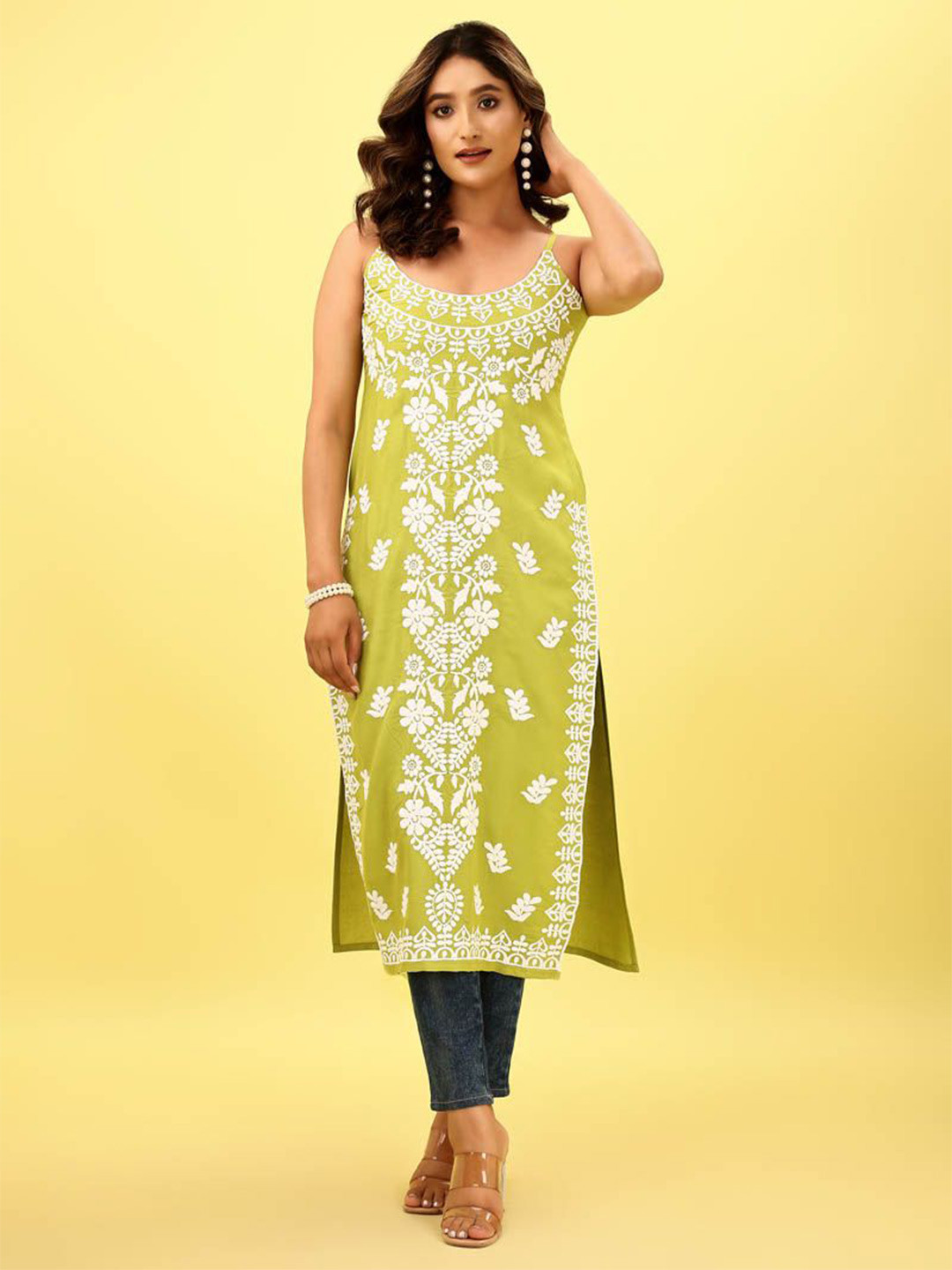 Floral Embroidered Chikankari Shirt Collar Straight Kurta With Trousers