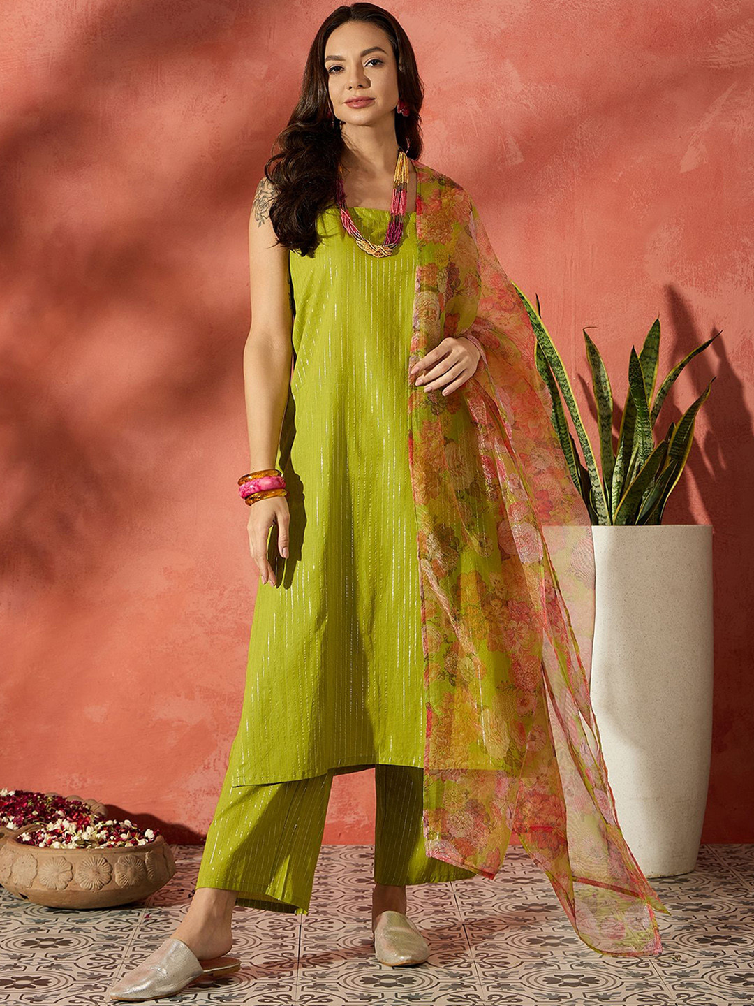 White Printed Linen Straight Women Kurta Trouser With Dupatta