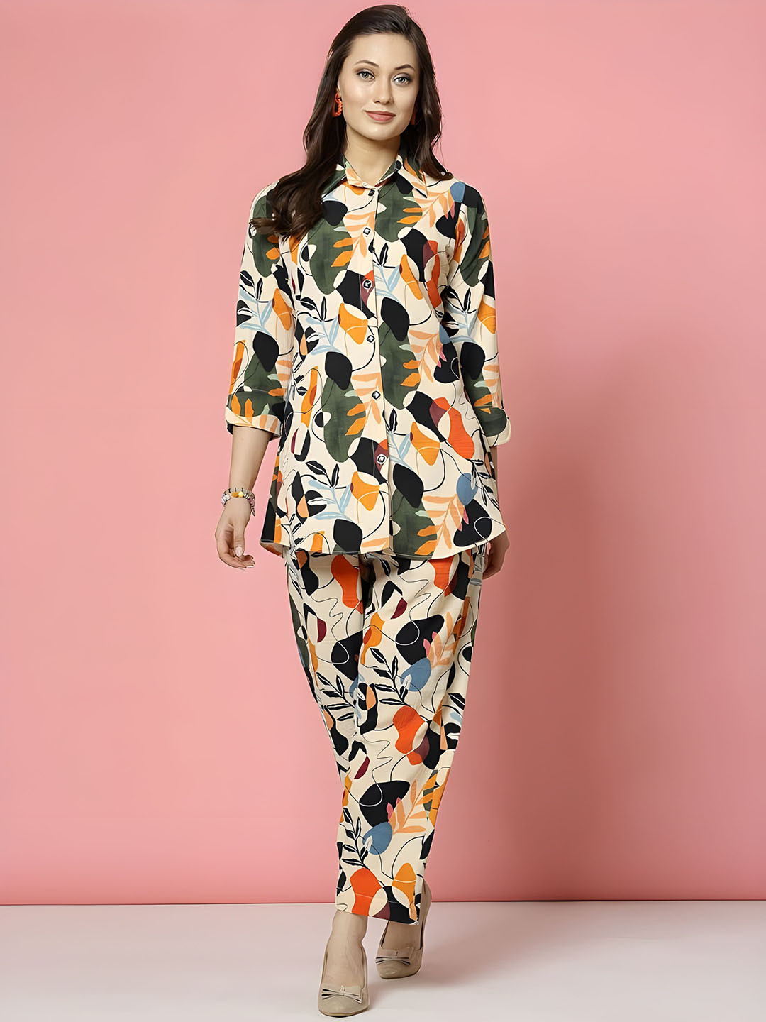 Multi Printed Pure Cotton Top With Trousers & Blazer Co Ords