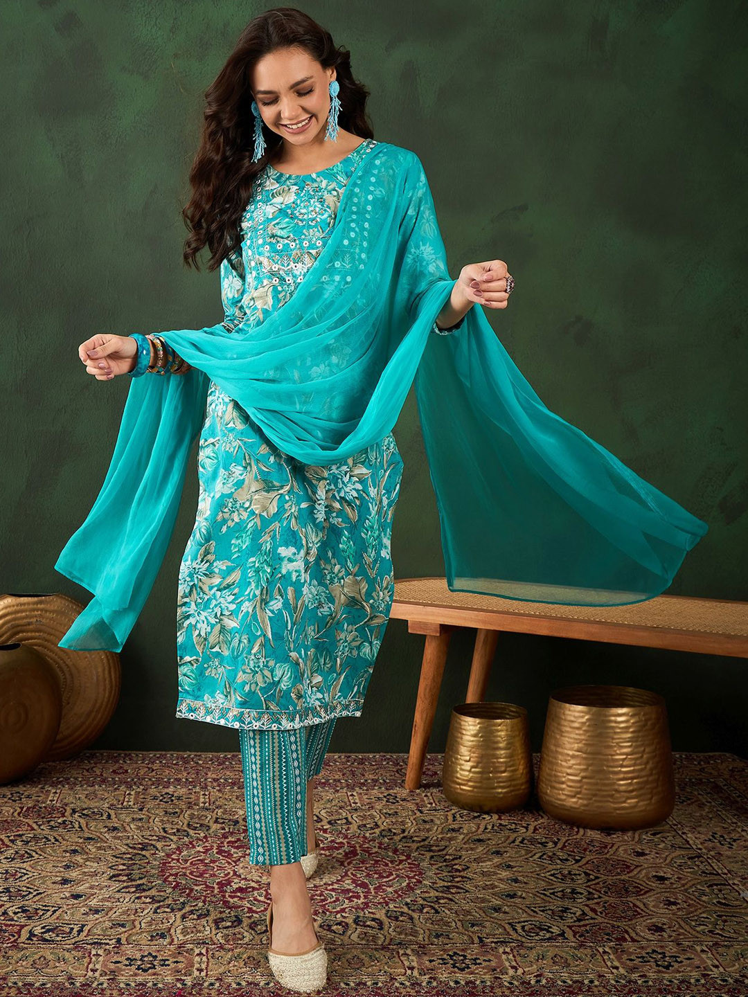 Women Floral Regular Thread Work Kurta & Trousers With Dupatta main image 1