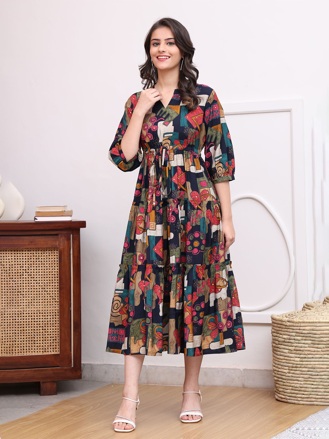Black Floral Printed Chanderi Silk A-Line Dress for Women | Claura
