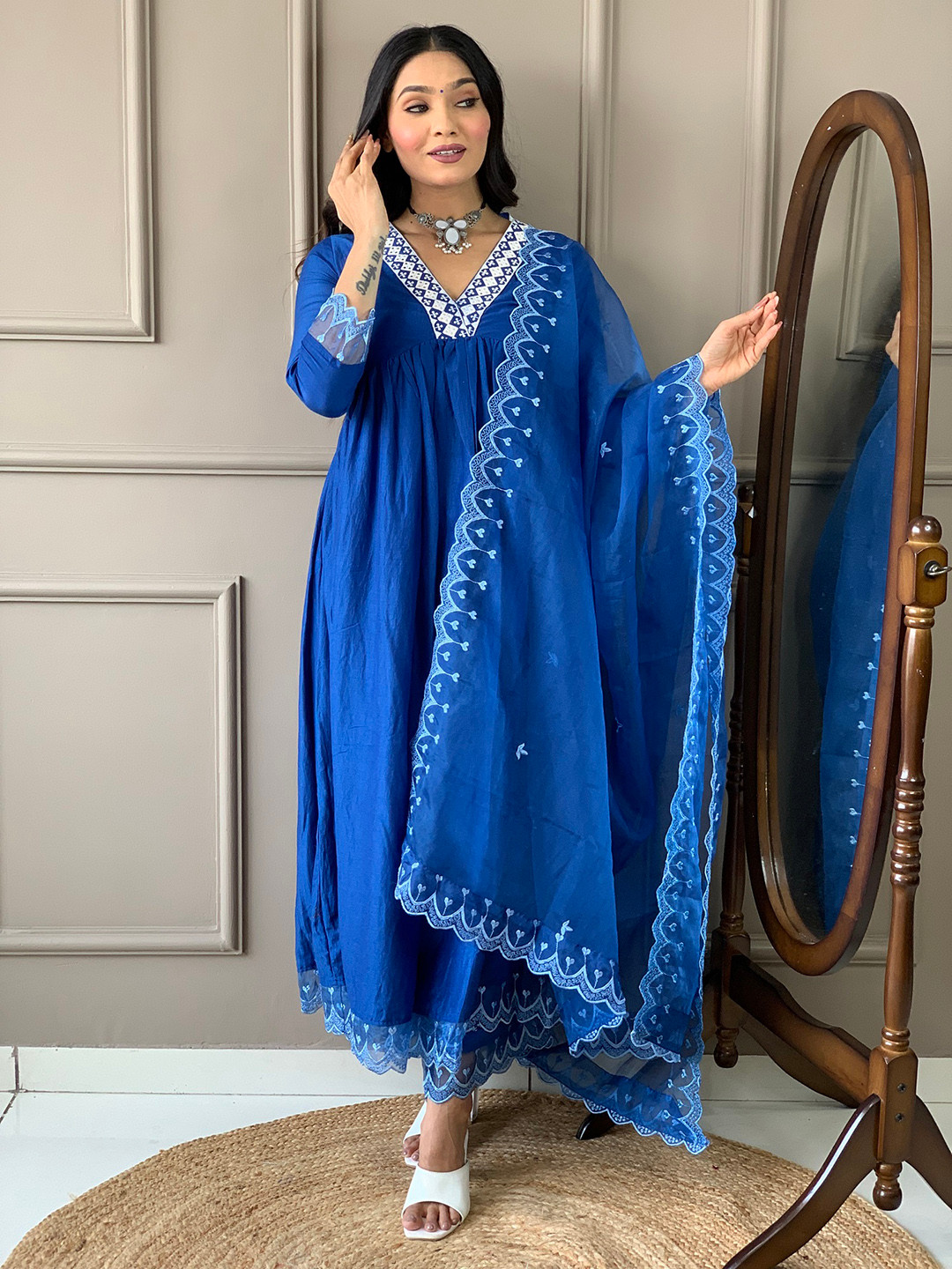 Orni Fashion Purple Bandhani Print Empire Thread Work Kurta with Palazzos & With Dupatta