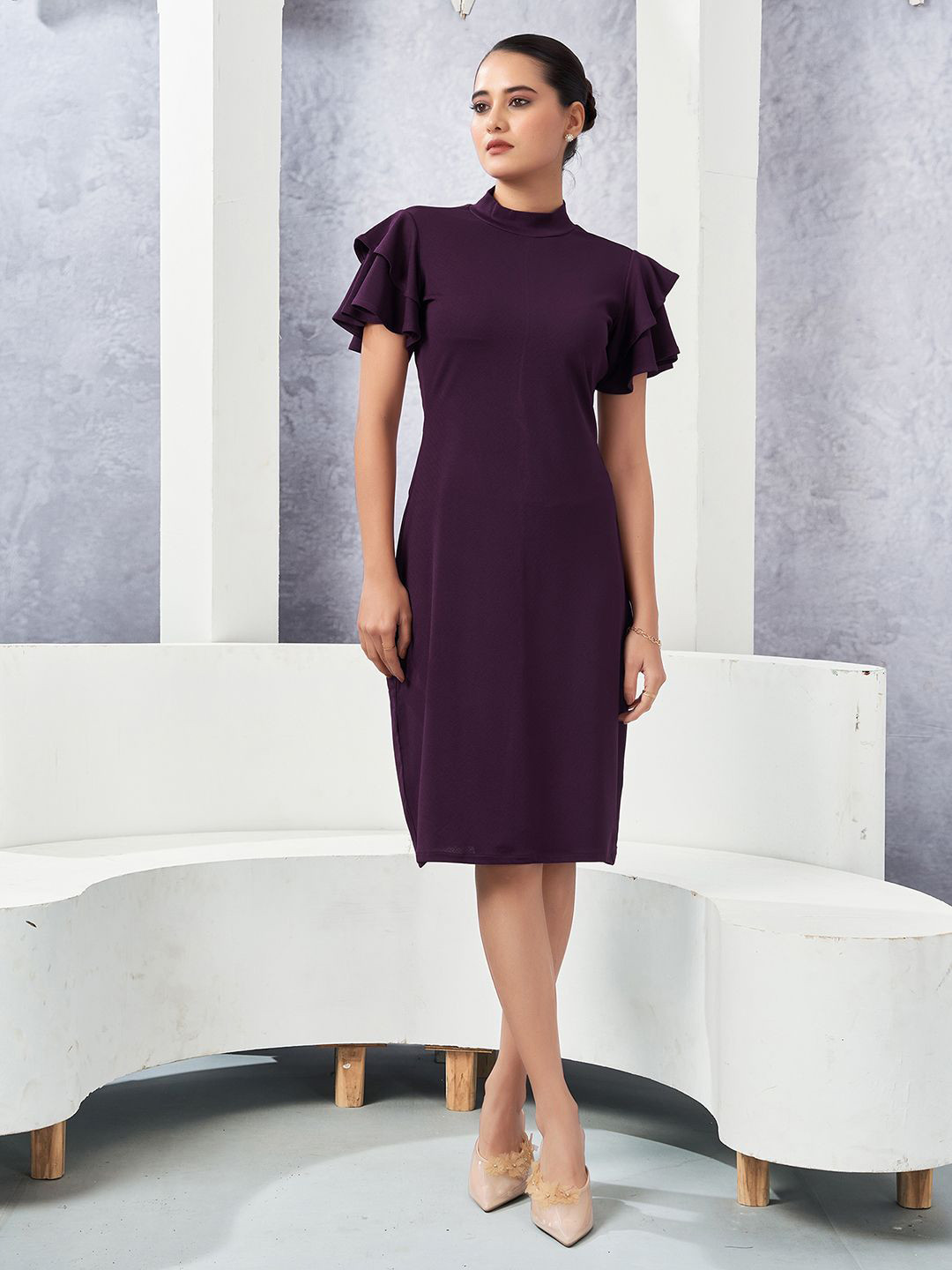 Flutter Sleeves Boat-Neck Tea-Length Special Occasion Dress Dark Navy main image 0