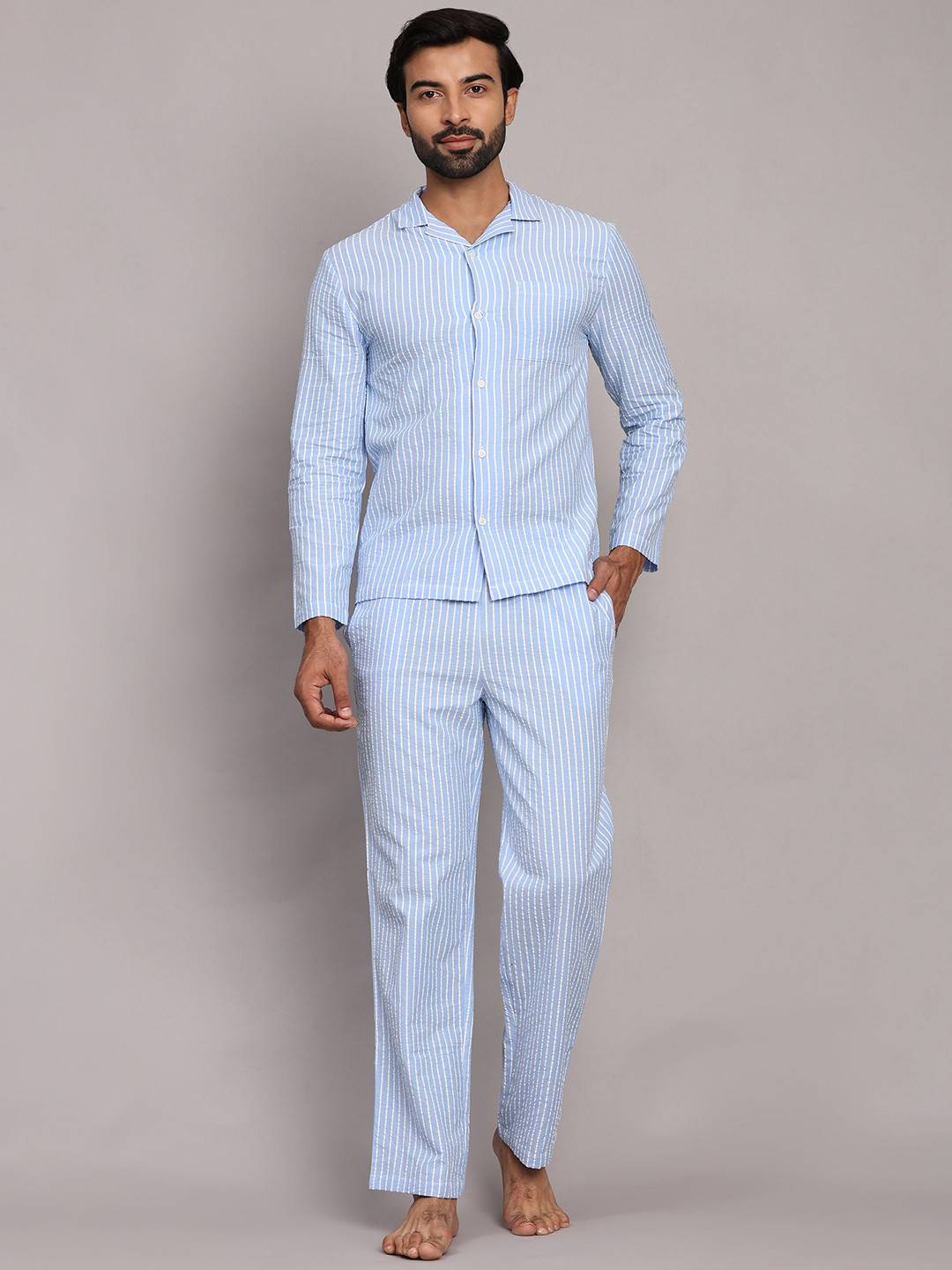 Men'S Black Cotton Solid Night Suits