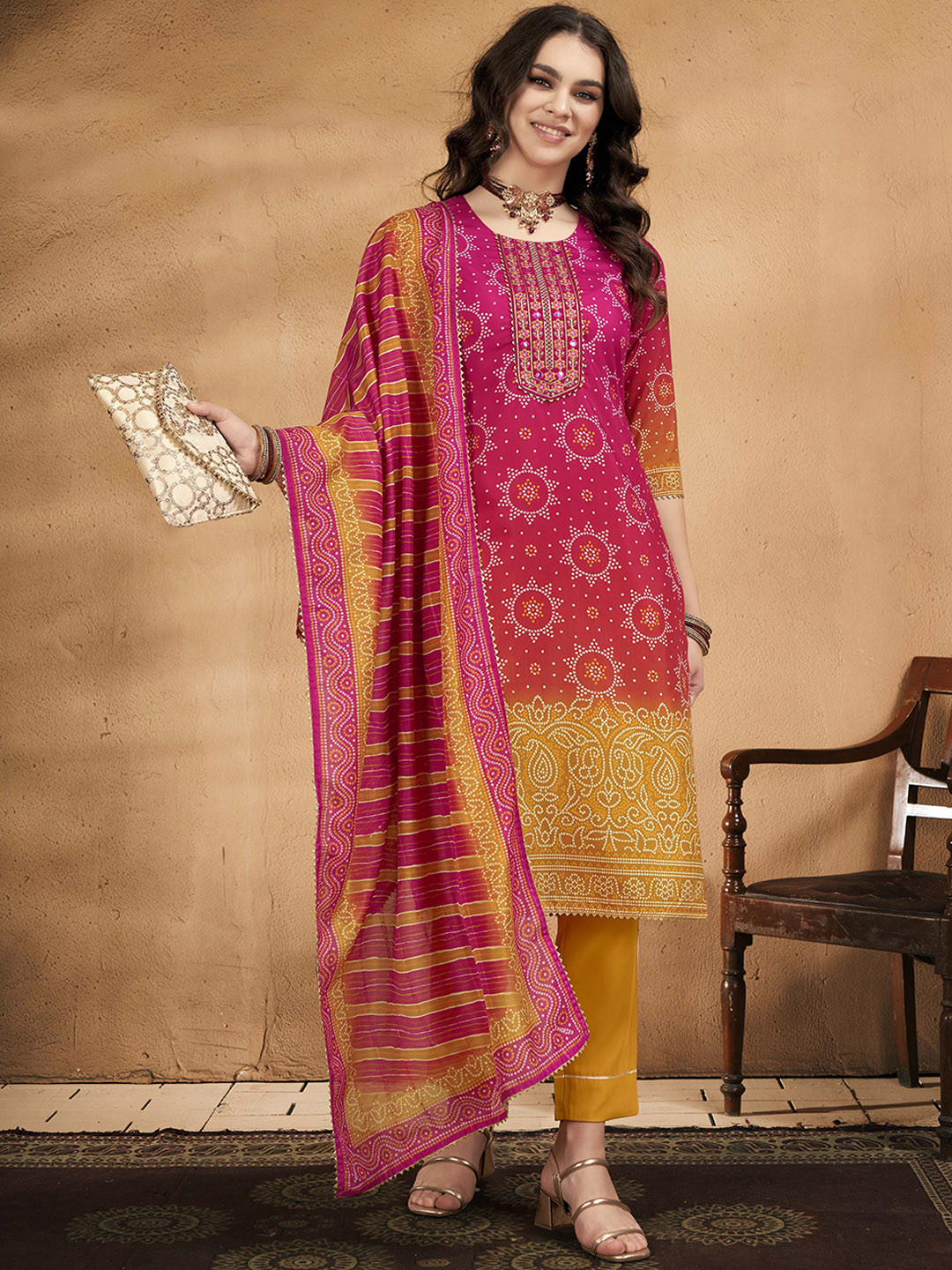 Women Bandhani Printed Scoop Neck Thread Work Straight Kurta With Trouser & Dupatta Set