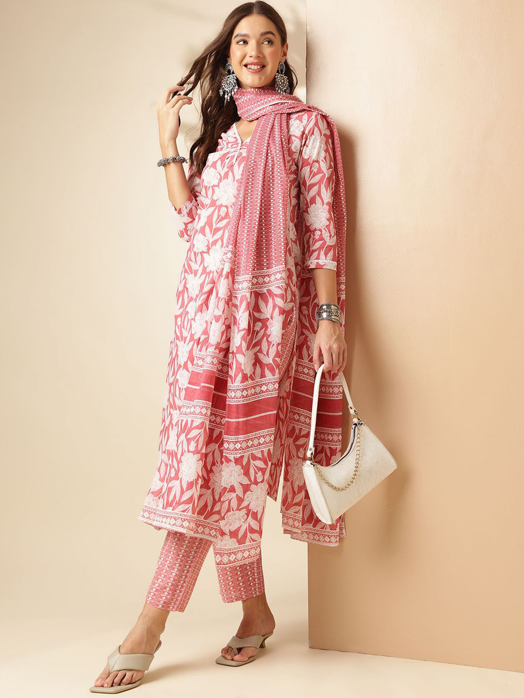Women Floral printed v_neck silk Kurta with trouser And Dupatta main image 1