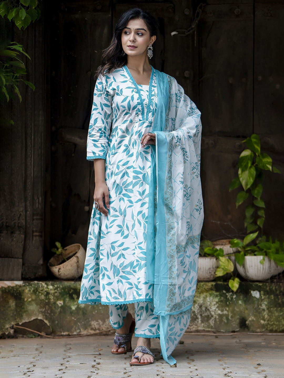 PARTHVI Women's Printed Anarkali Kurta Set With Palazzo & Dupatta - White & Blue Rayon Outfit