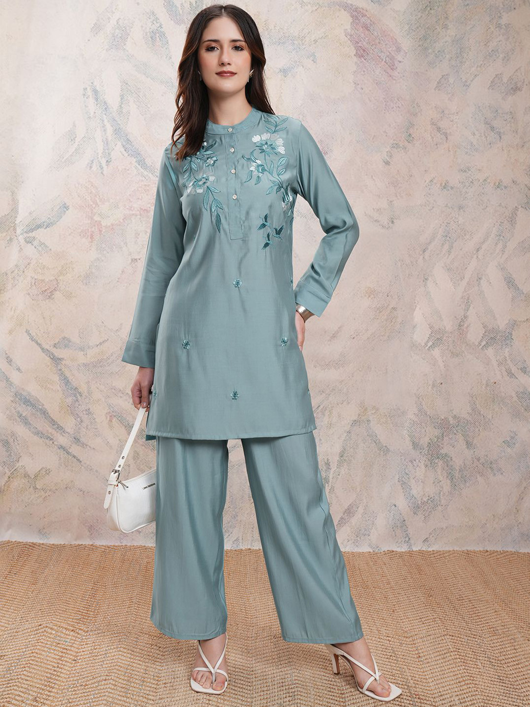Indian Teal Blue Embroidered Longline Top