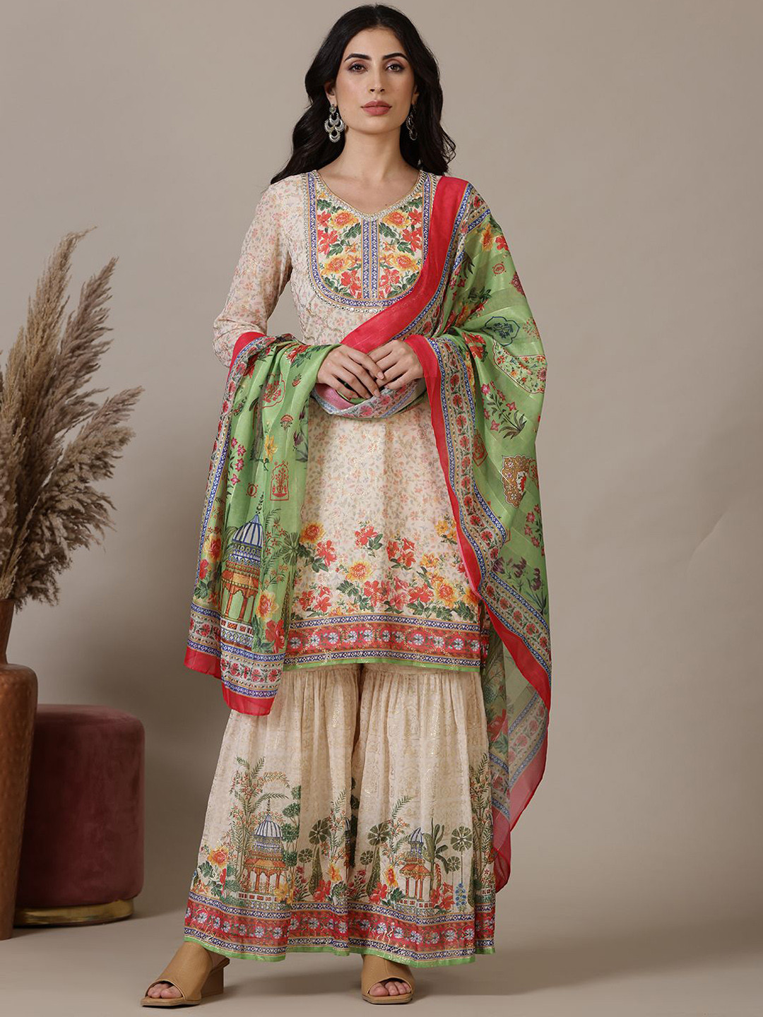 Women's Blue Floral Printed Mirror Work Kurta Set With Dupatta