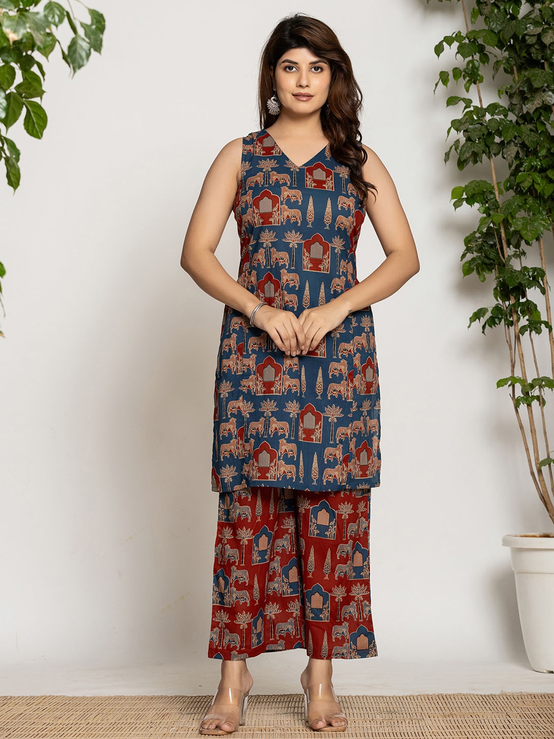 Yufta Blue Printed V Neck Sleeveless Top With Palazzo - Co Ords for Women 31124328 | Myntra