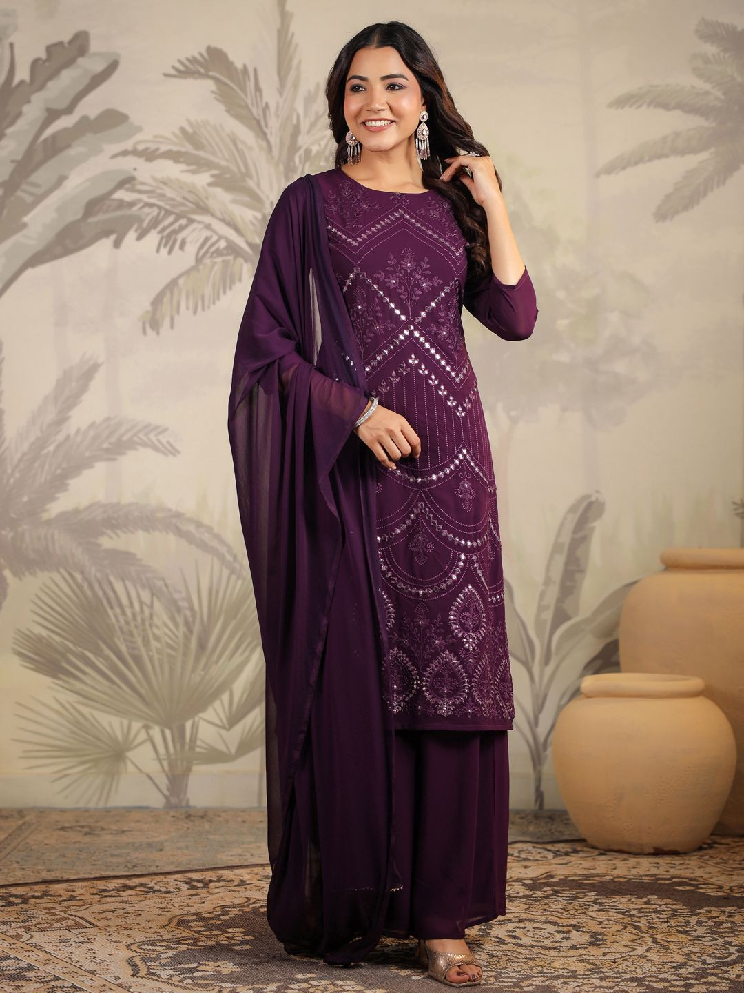 Women Ethnic Motifs Poly Georgette Plisse Kurta Set