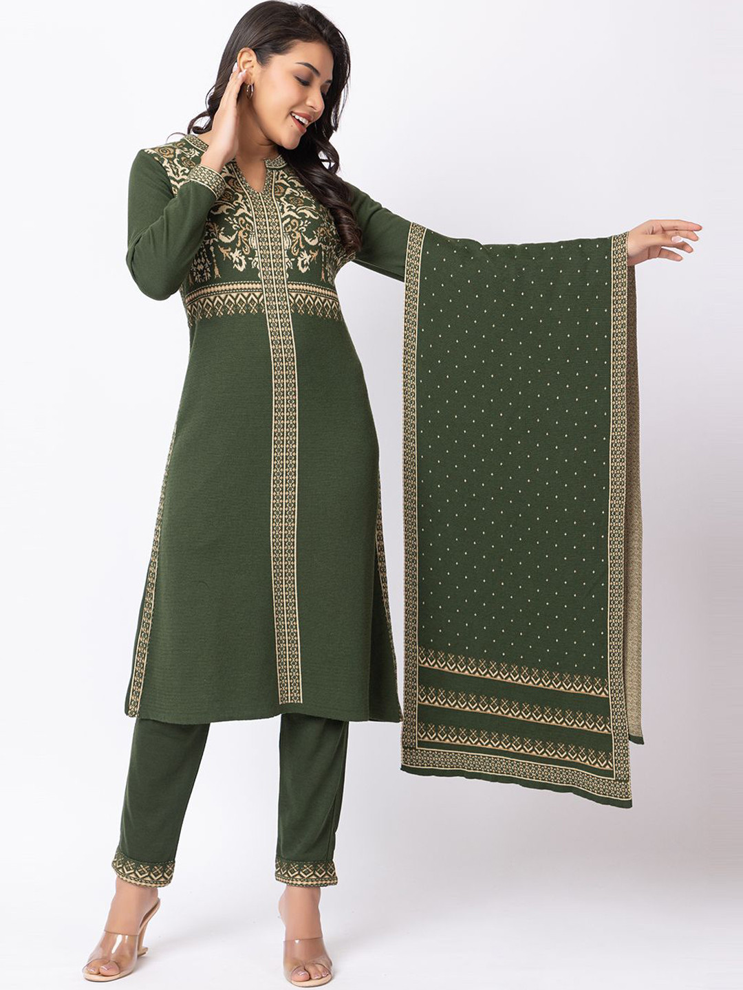 Women Ethnic Motifs Printed Mandarin Collar Anarkali Kurta With Trousers And Dupatta Set