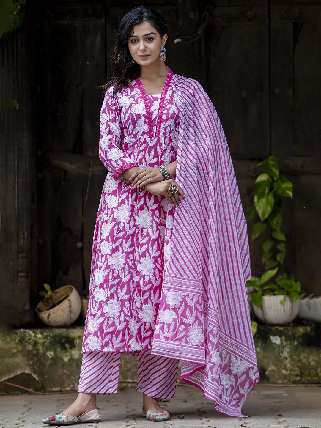 Women Black Floral Printed Anarkali Kurta And Trouser With Dupatta