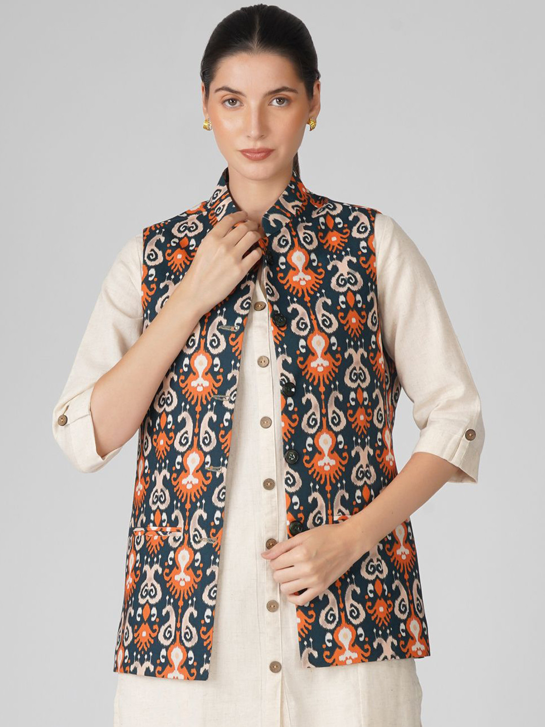 Vastraa Fusion Ladies Modi Jacket / Waistcoat Cotton  Silk Look in Textured Print Nehru Jacket