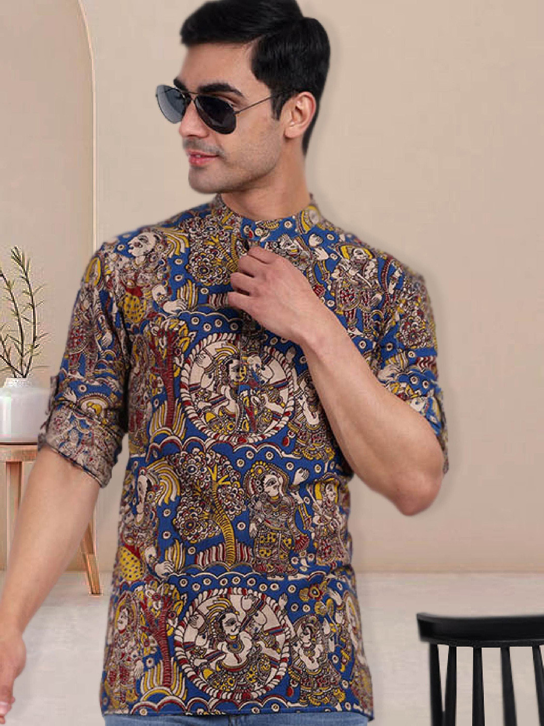 Kalamkari Printed Cotton Men Short Kurta 11
