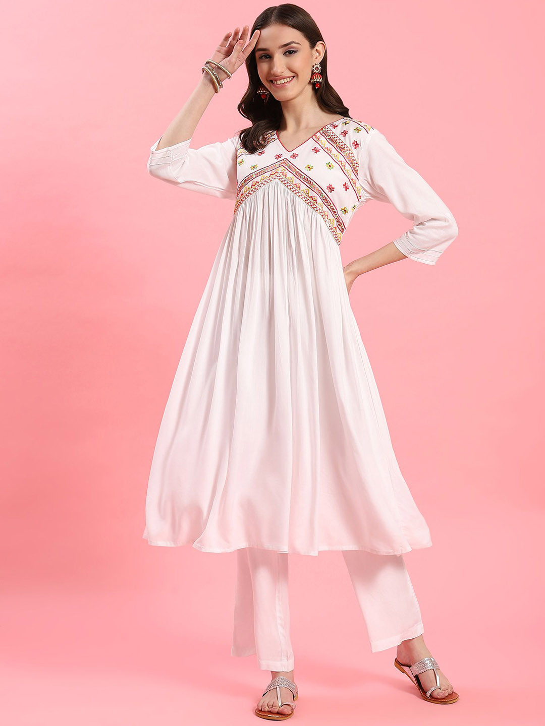 Plus Size Blue Embroidered A-Line Kurta Trousers Set