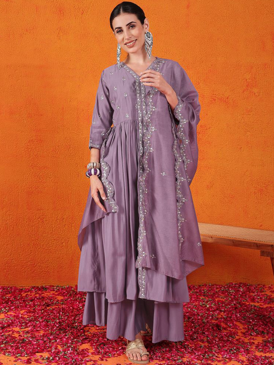 Amyra Dastur Magenta Notch Neck Floral Regular Pure Silk Anarkali Kurta with Trousers & Dupatta main image 1