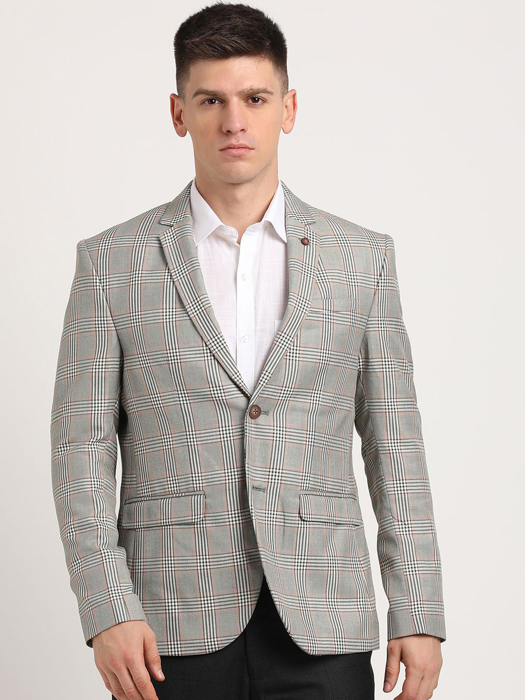 Men's Black Checked Notched Lapel Slim-Fit Single-Breasted Blazer