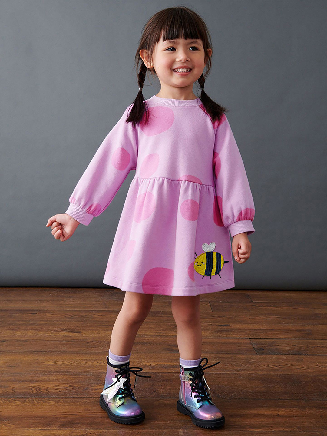 Girls Full Sleeve Polka Print A-Line Frock Dress