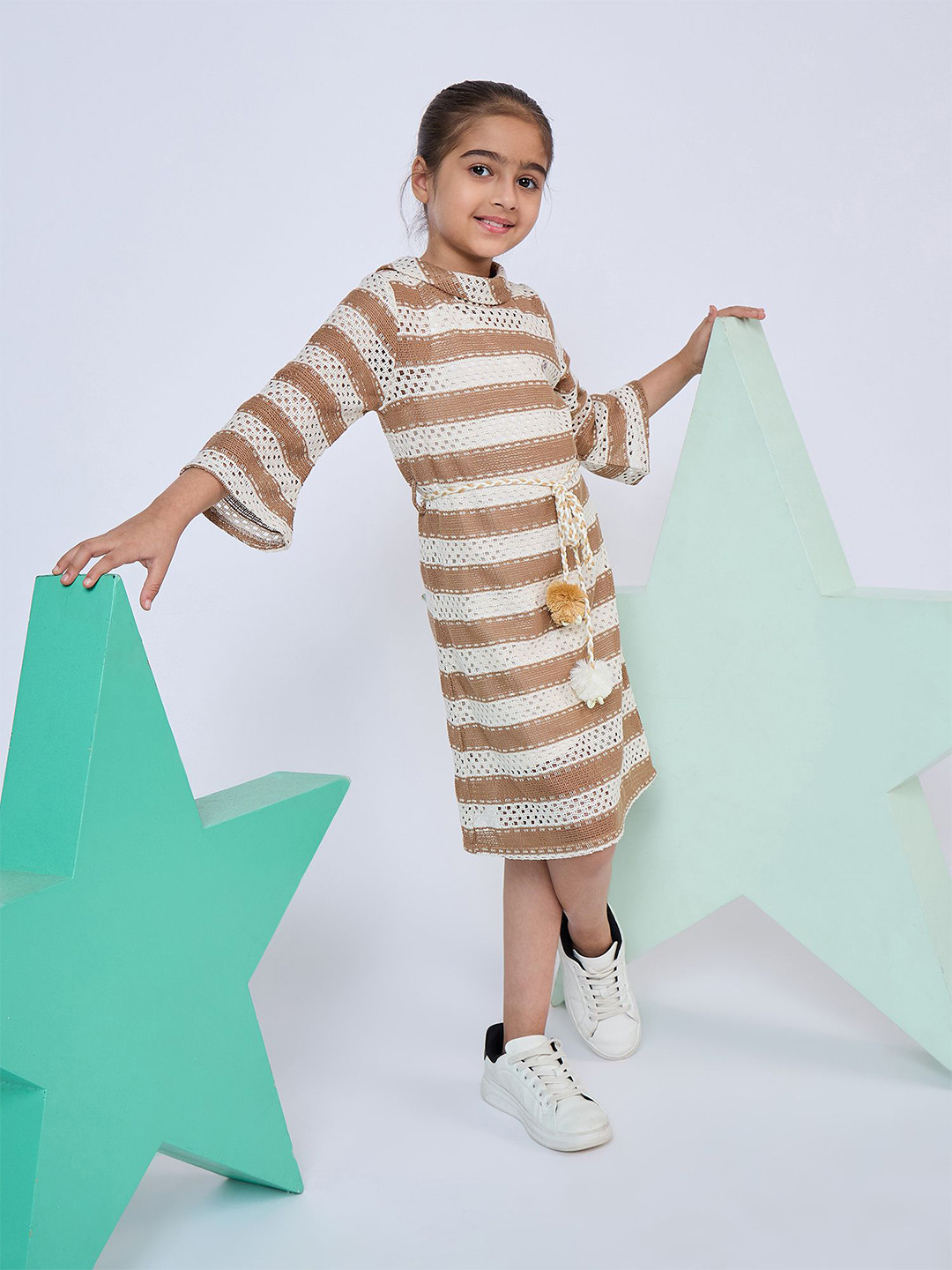 Girls Magenta Stripes A-line Dress With Puff Sleeves main image 0