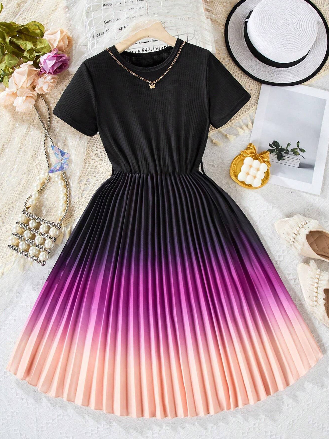 Girls Geometric Printed Fit Flare Midi Dress