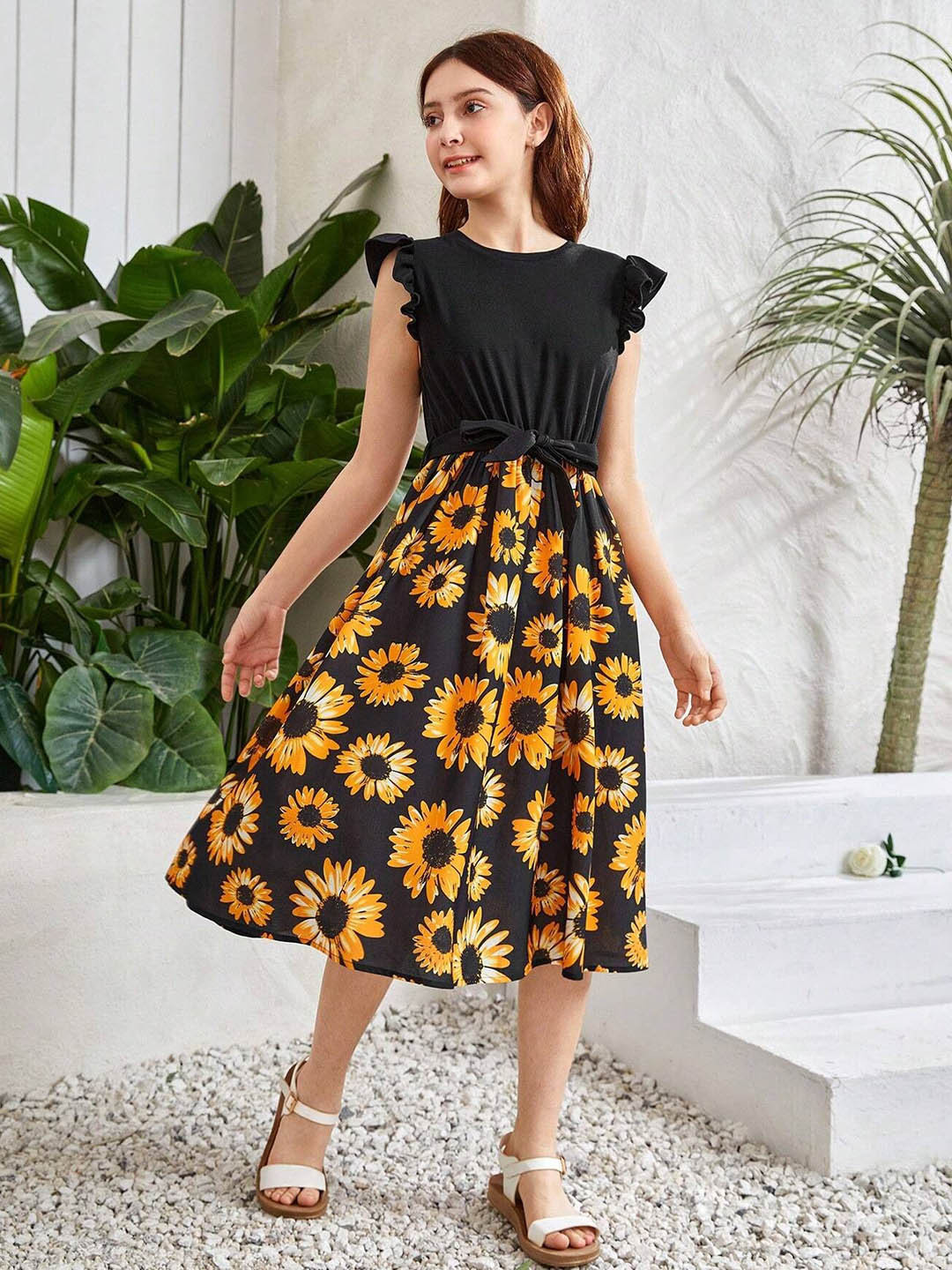 Girls Floral Print Fit Flare Midi Dress