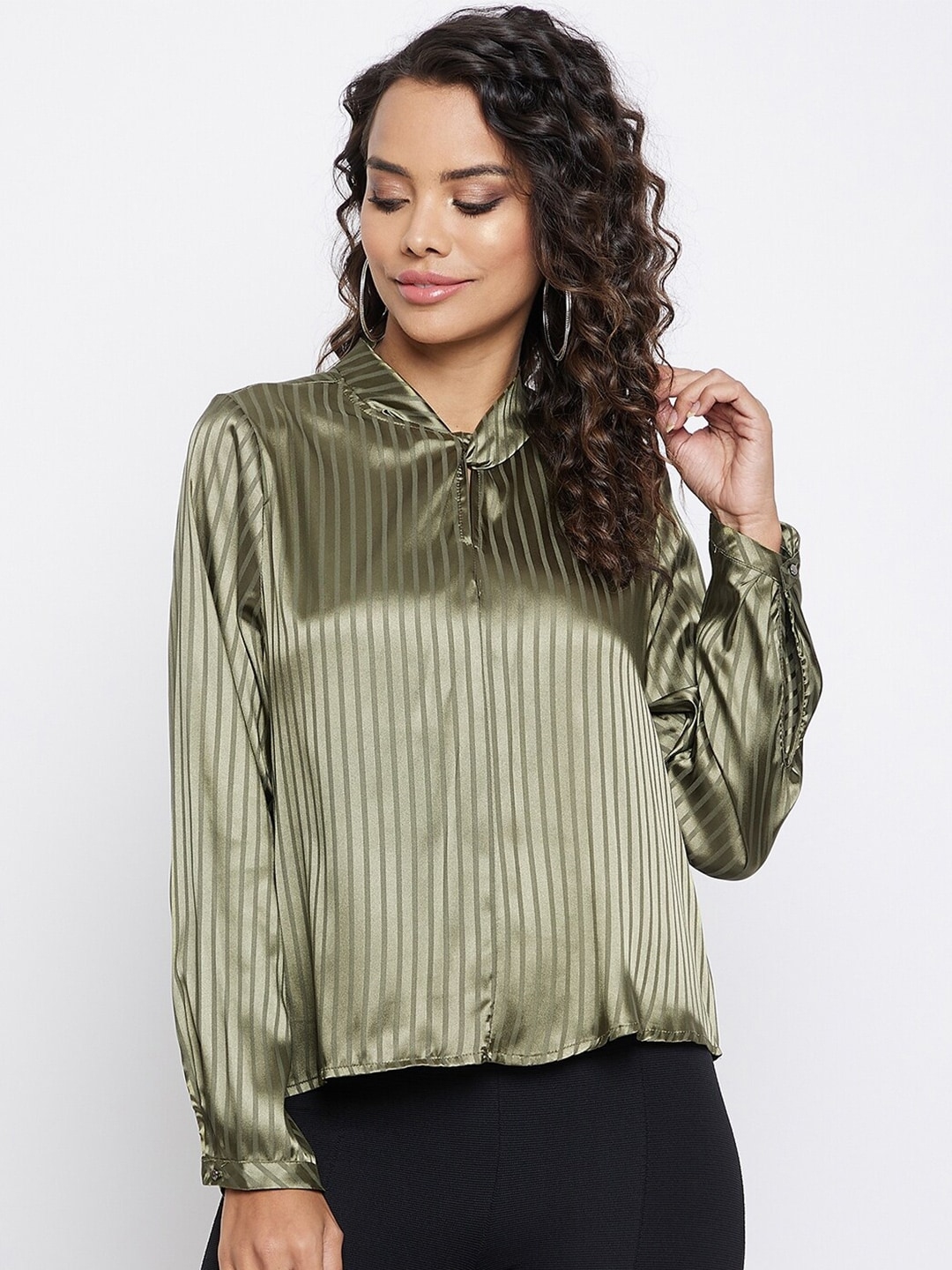 Buy Madame Olive Green Striped Tie Up Neck Shirt Style Top - Tops for ...