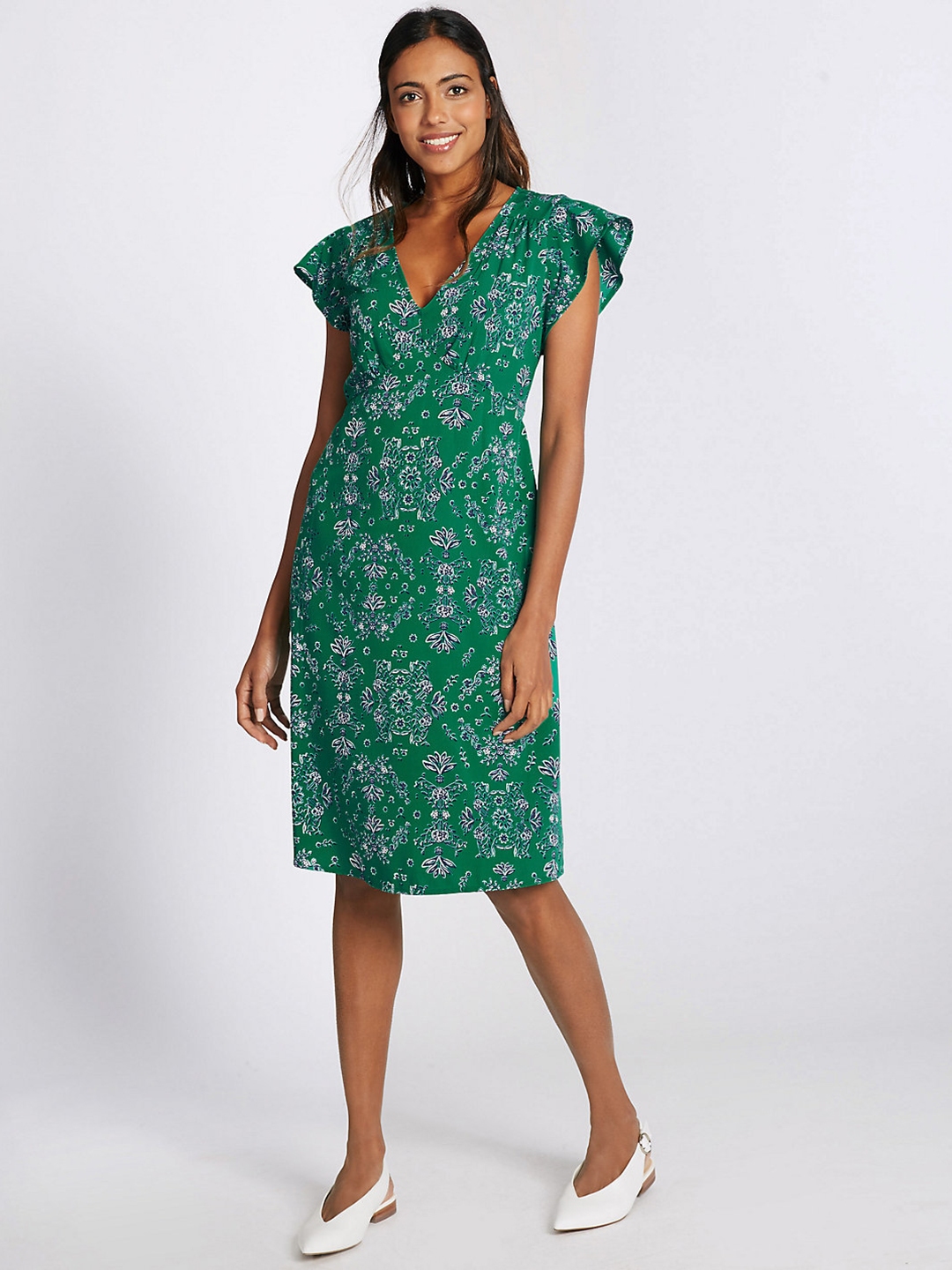 Buy Marks & Spencer Women Green Printed Belted A Line Dress - Dresses ...