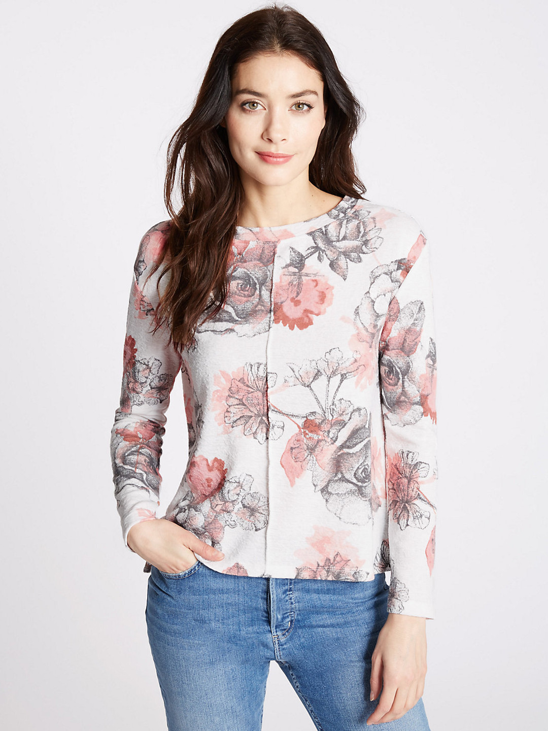 Buy Marks & Spencer Women White & Peach Coloured Floral Print Top