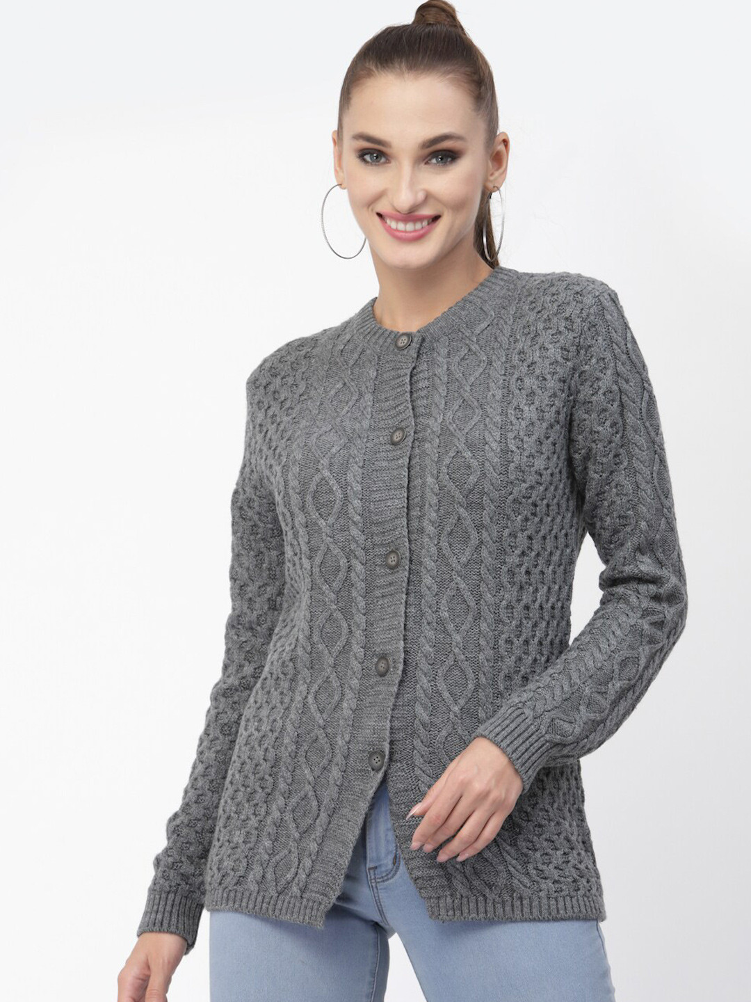 Buy Kalt Women Grey Cable Knit Cardigan Sweaters for Women 20245096