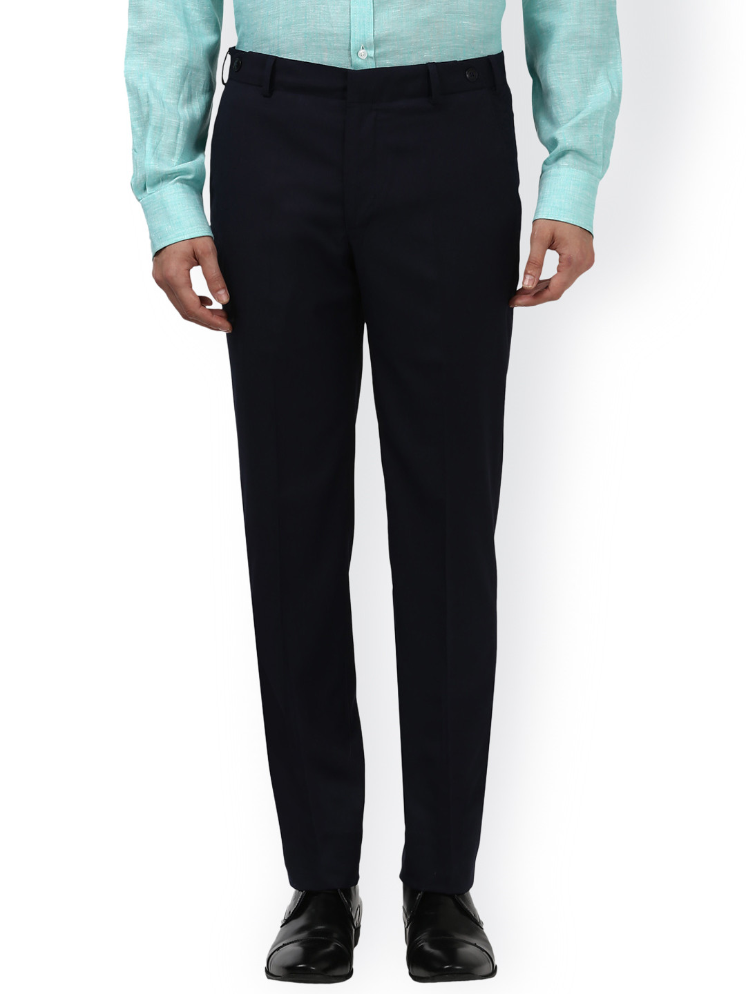 Buy Park Avenue Men Blue Tailored Slim Fit Solid Formal Trousers ...