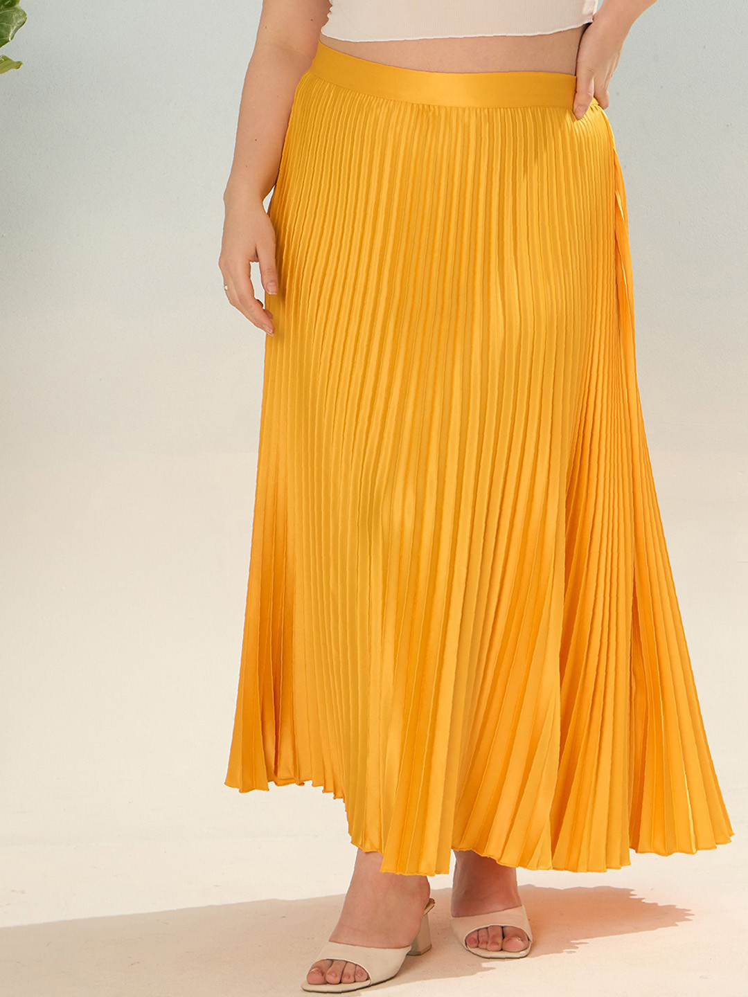 Wide Yoke Panel Accordion Pleats Maxi Skirt