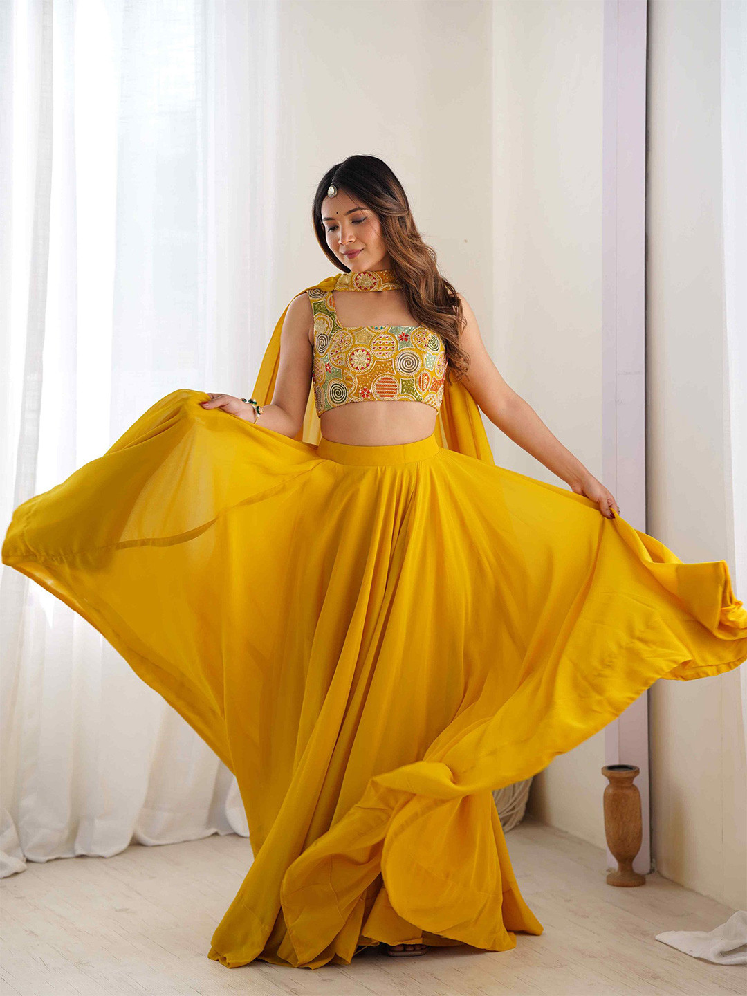 Girl Embellished Thread Work Ready To Wear Lehenga Blouse With Dupatta