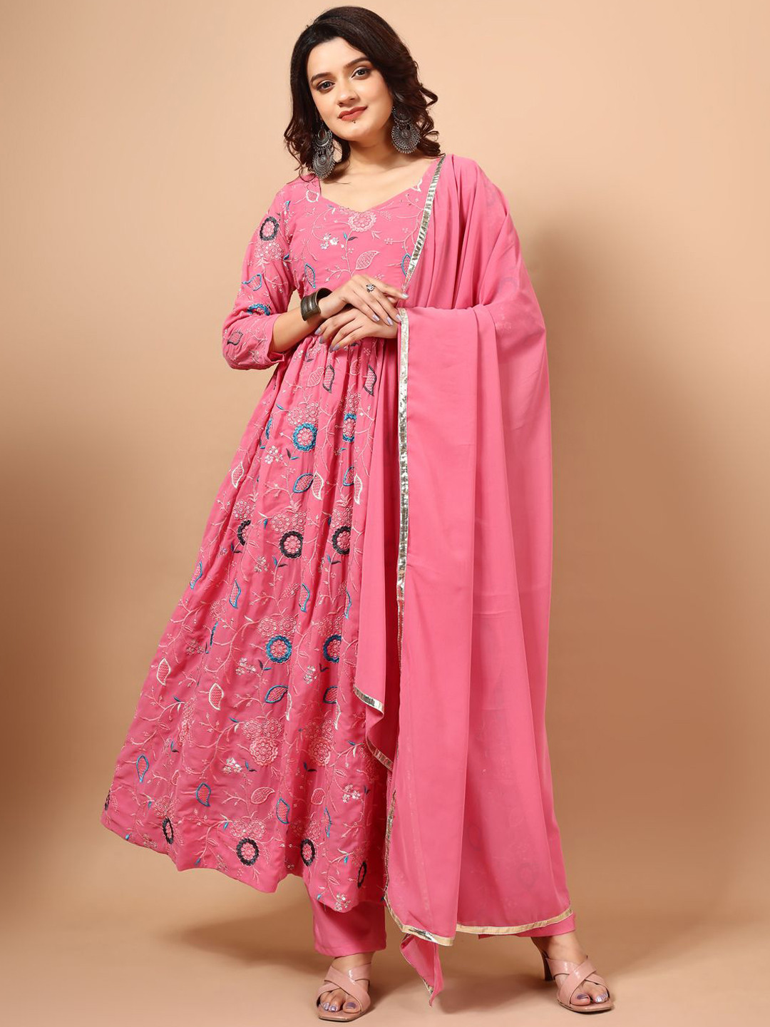 Women Floral Embroidered Silk Anarkali Kurta with Trousers & Dupatta