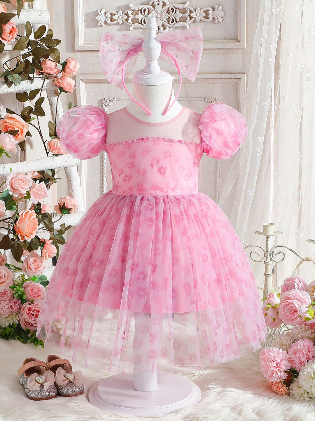 Buy YK Floral Self Design Puff Sleeves Fit & Flare Dress - Dresses for ...