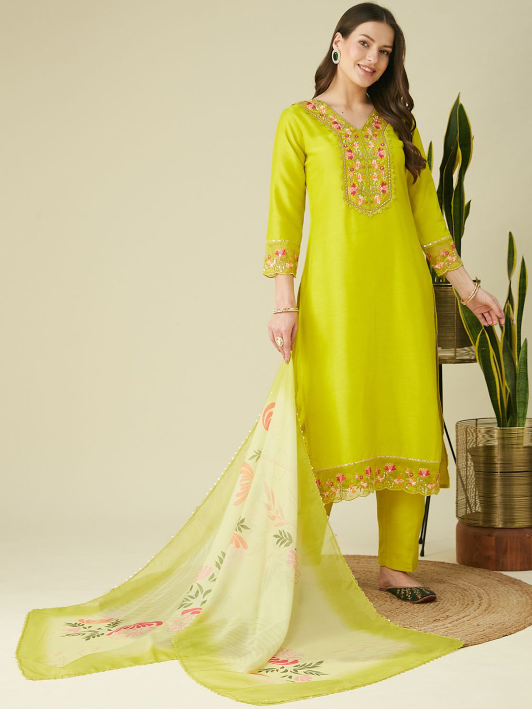 Women Beige Yoke Design Thread Work Kurta with Trouser and Dupatta
