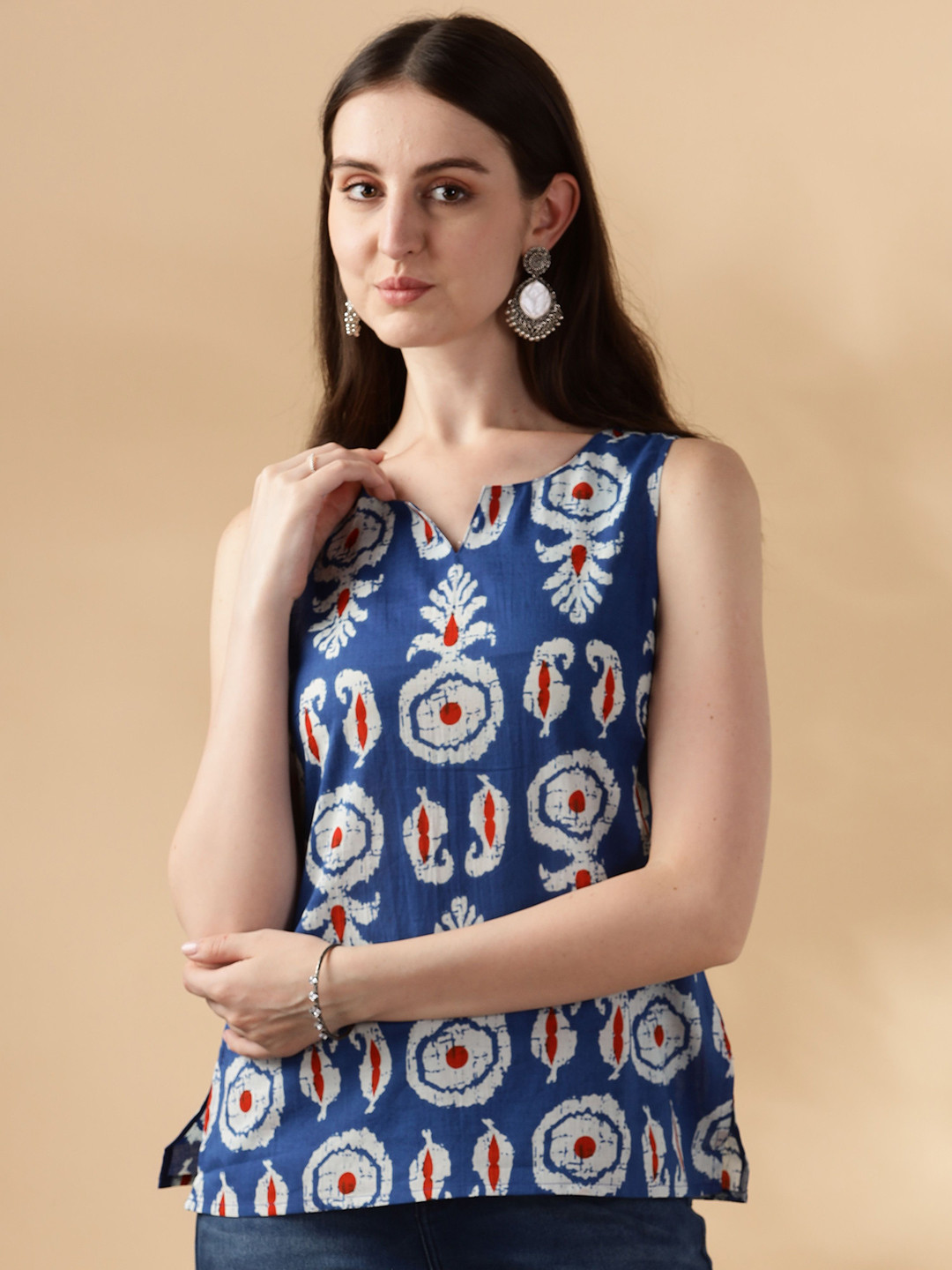 Women's Grey Ethnic Motifs Printed Puffed Sleeves Smocking Crop Top