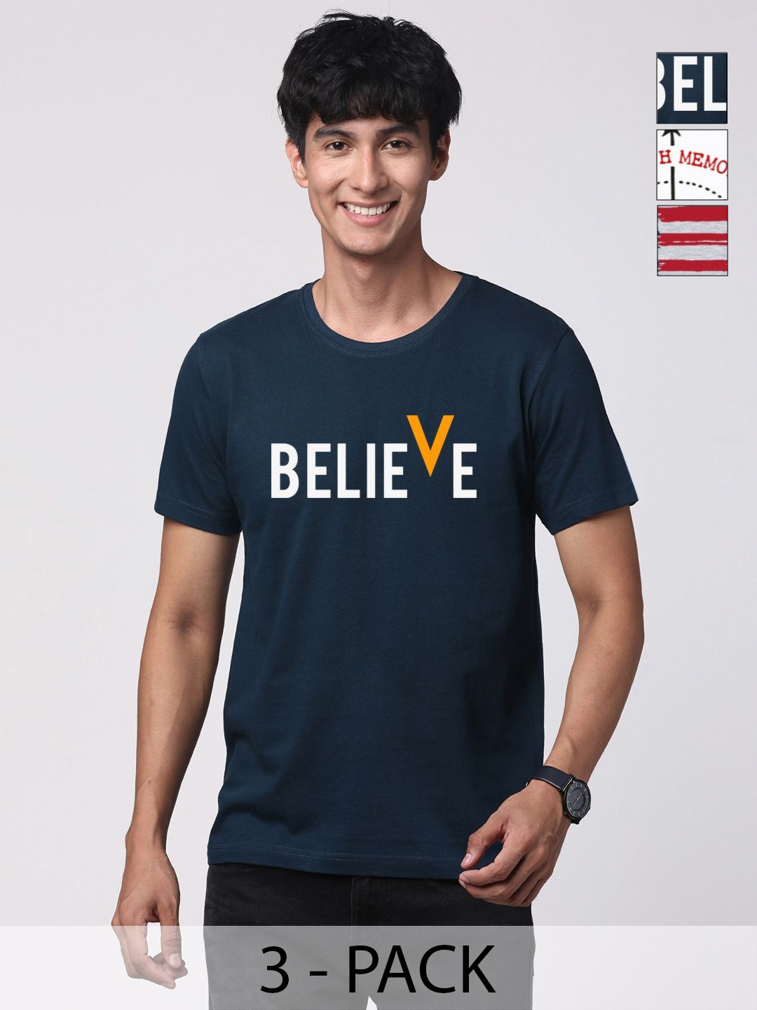 Buy ADRO Men Pack Of 3 Typography Printed Round Neck Cotton T Shirts ...