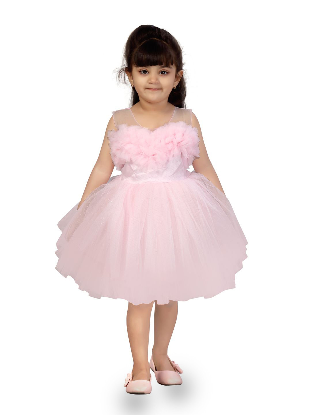 Girls V-Neck Ruffled Detail Net Fit &  Flare Maxi Dress