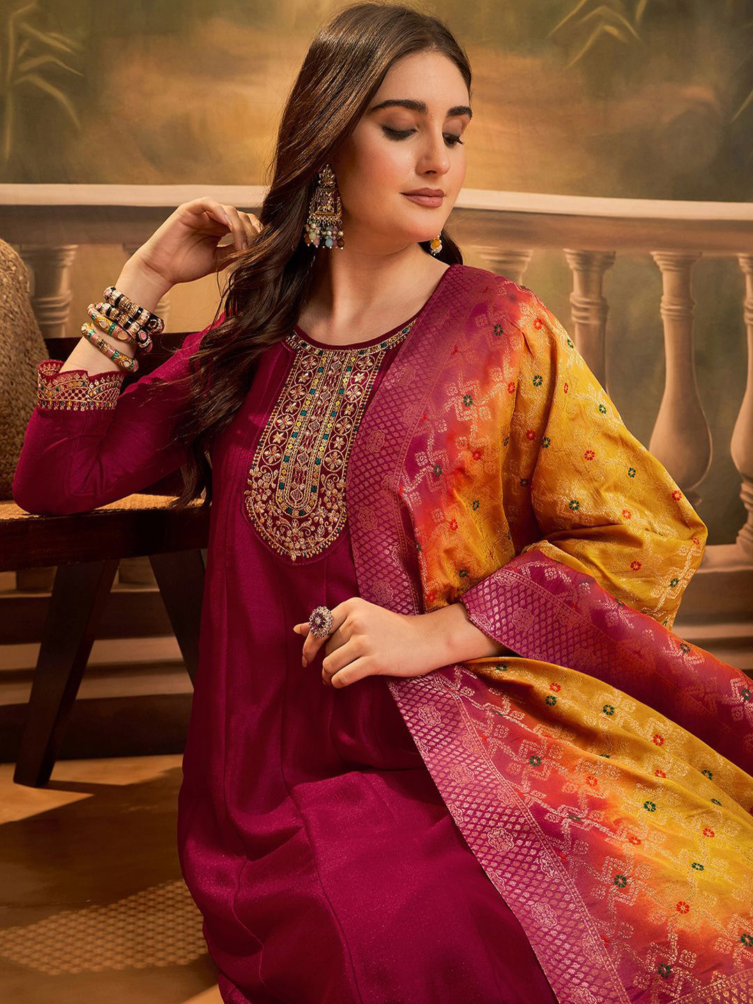 Women Floral Zari Sequinned A-Line Kurta Set with Embroidered Dupatta
