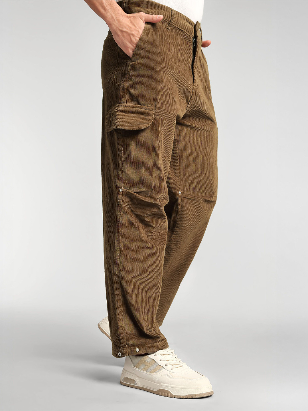 Buy Beyoung Men Cotton Brown Oversize Corduroy Cargo Pant - Trousers ...
