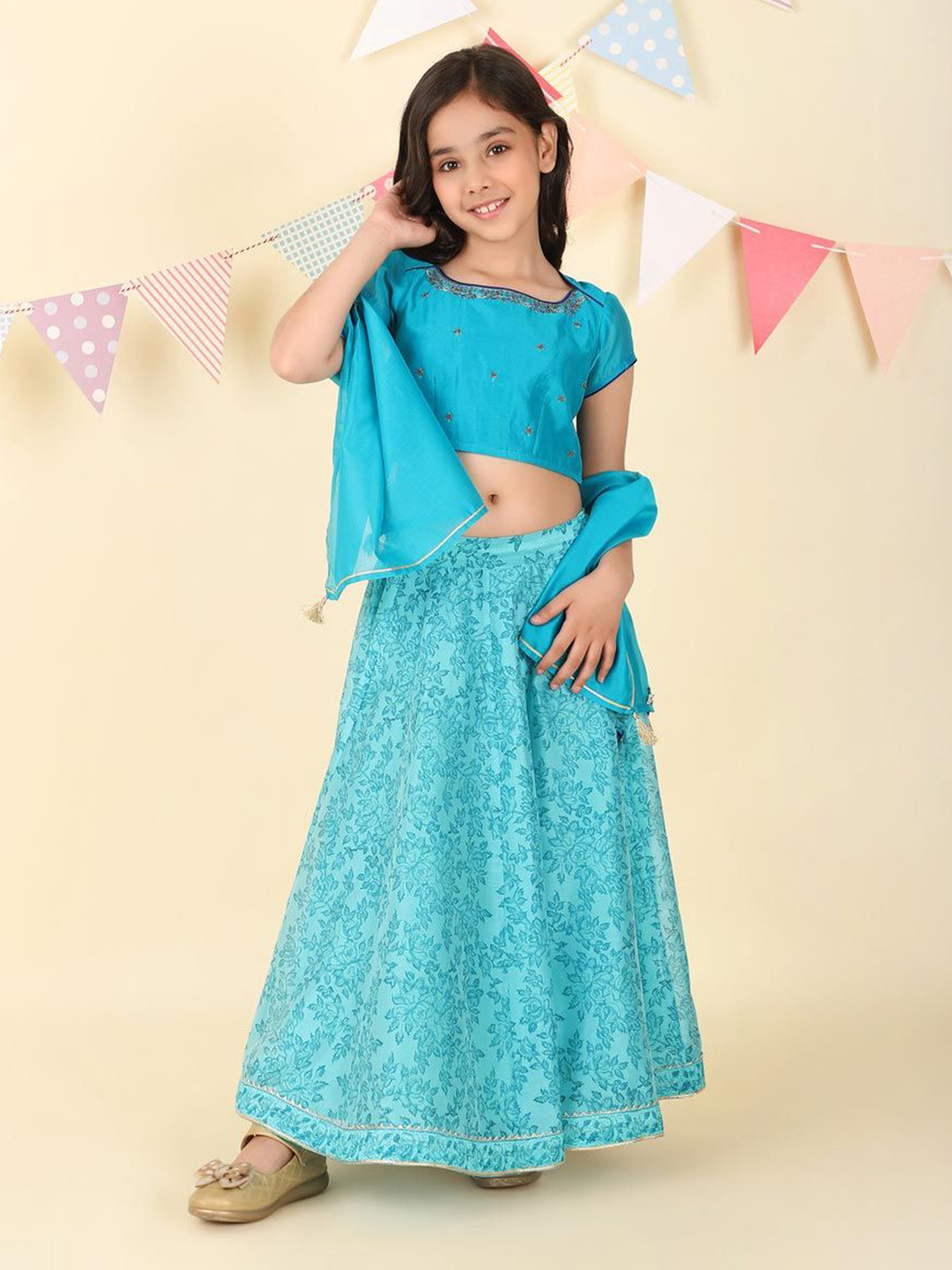 Girls Magenta Yellow Embroidered Ready To Wear Lehenga Blouse With Dupatta