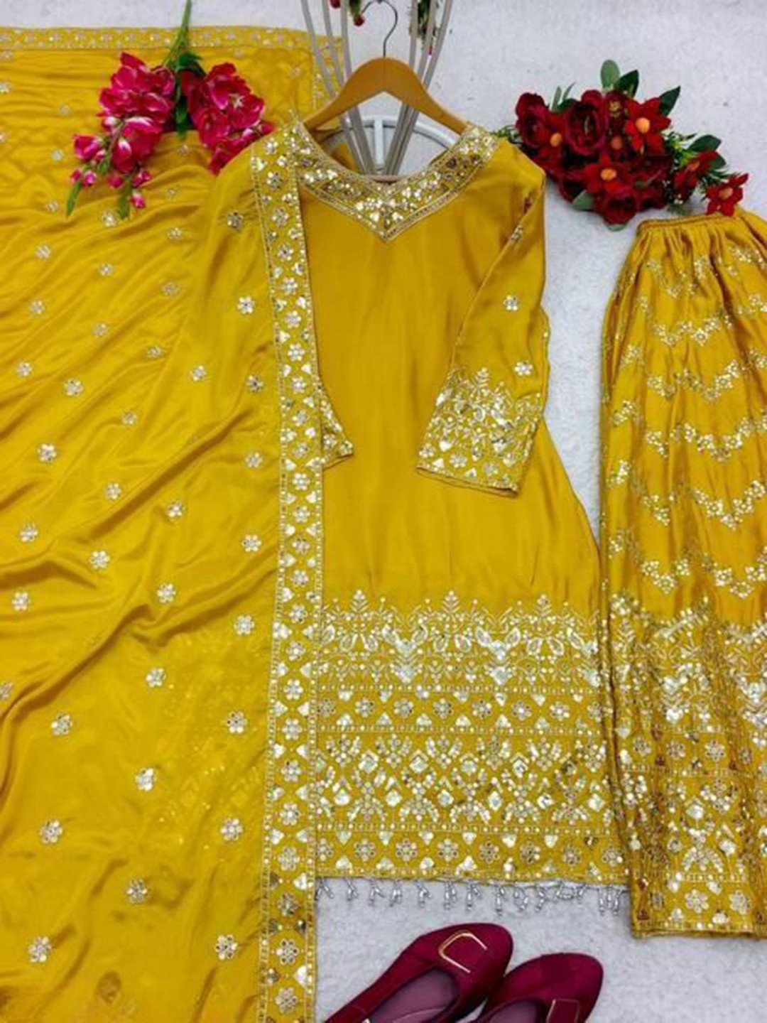 Women Silk Fuchsia Floral Print Kurta Comfort Pant Dupatta