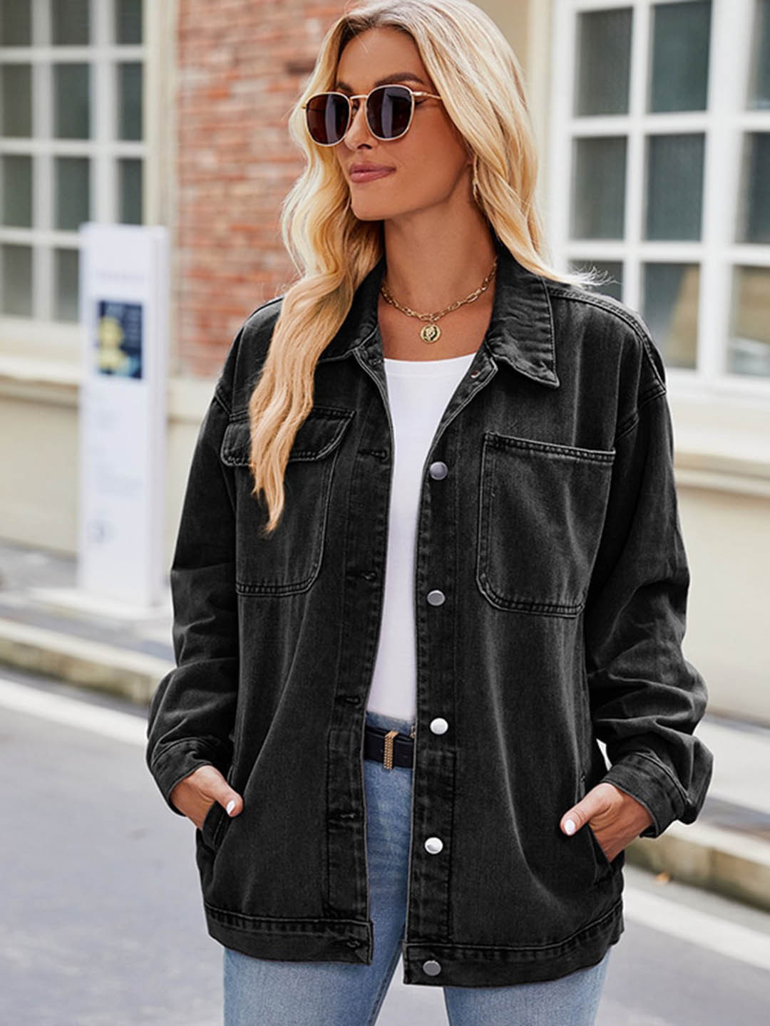 Women's Spread Collar Brown Solid Denim Jacket